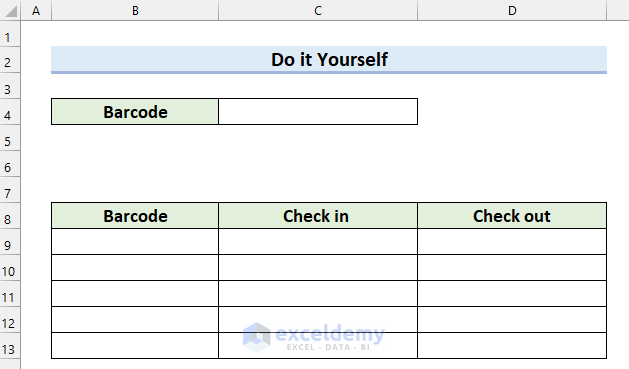 Practice Sheet for Barcode Scanner to Track Check in and Check out in Excel