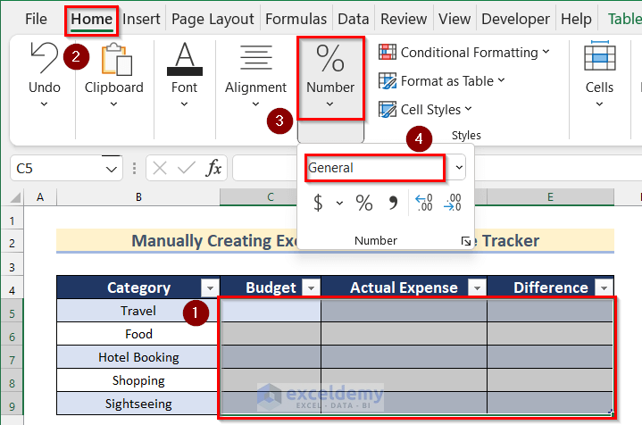 Changing Number Format to Create Budget and Expense Tracker in Excel