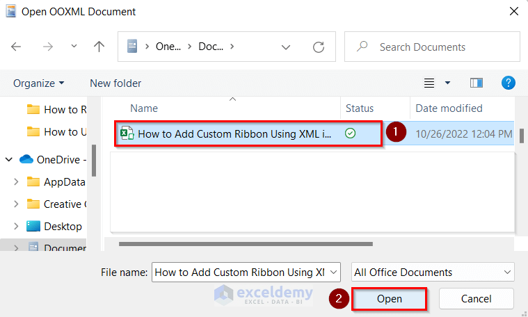 Opening Open OOXML Document Box to Add Custom Ribbon Using XML in Excel
