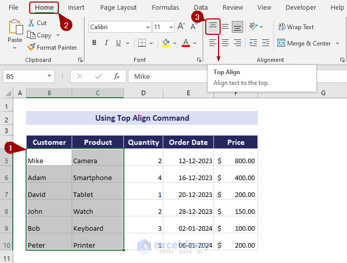 Applying Top Align command
