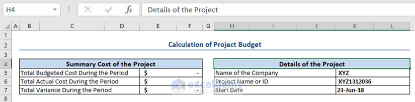 Create Project Budget Header in Excel