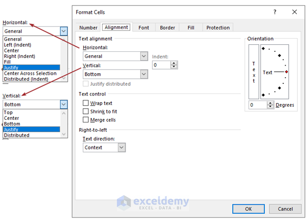 Justify option in Format Cells dialog box