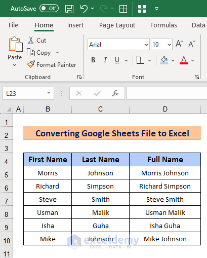 2-Output after converting Google Sheets to Excel Sheet