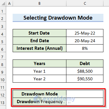 Select Drawdown Mode and Frequency for Calculation of Interest During Construction in Excel