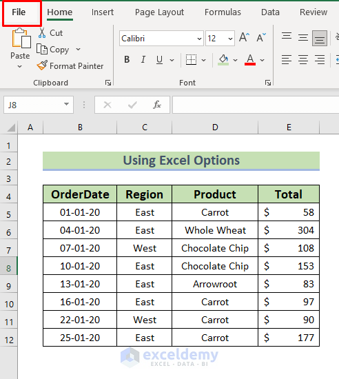 Using Excel Options to Change Column Width in cm