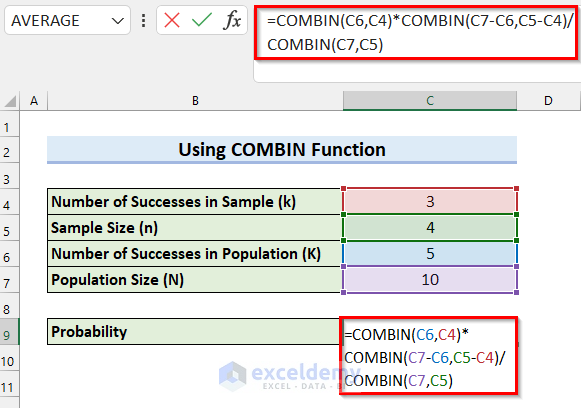 Apply COMBIN Function to Calculate Probability of Hypergeometric Distribution in Excel