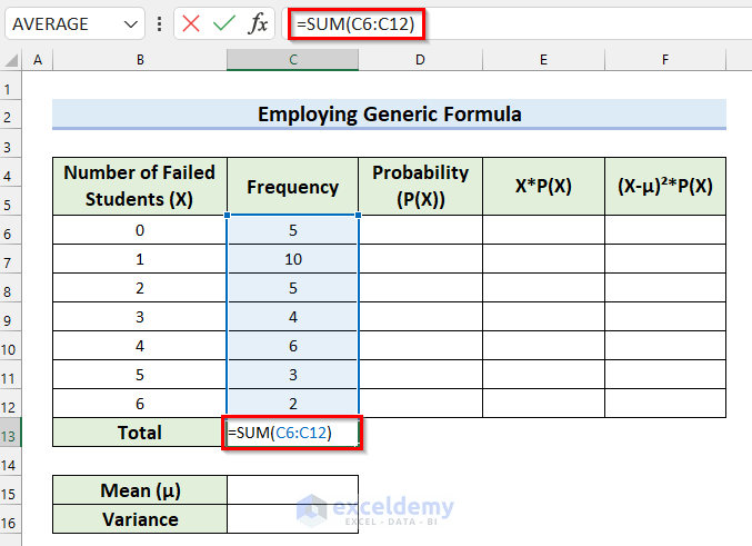 Calculate Variance of Probability Distribution in Excel When Probability Is Not Provided
