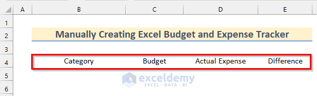 Insert Headers to Create Budget and Expense Tracker in Excel