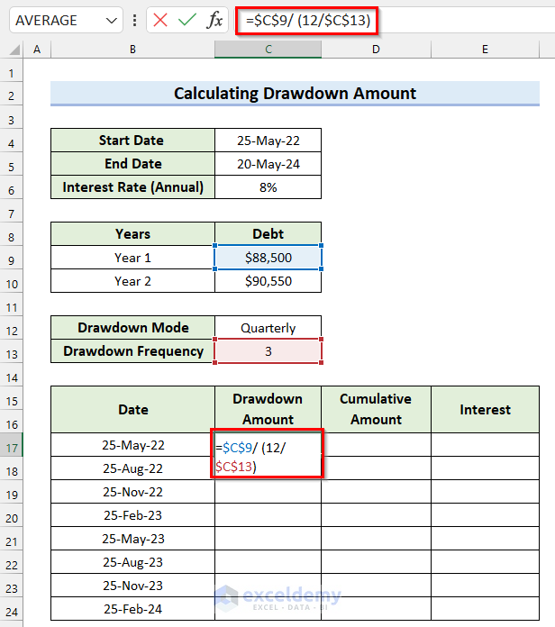 Calculate Drawdown Amount for Calculation of Interest During Construction in Excel