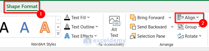 Selecting Align Command to Align Text Boxes in Excel