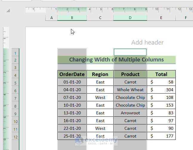 Changing Width of Multiple Columns in Excel