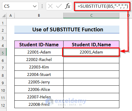 Applying SUNSTITUTE Function to Add Comma Before Text in Excel