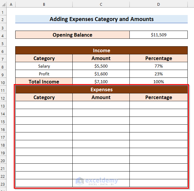 Add Expenses Category and Amounts