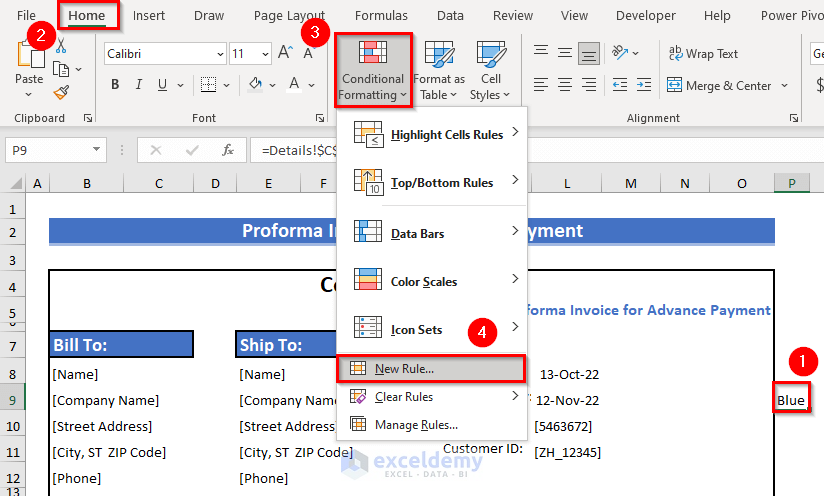 Using Conditional Formatting in Proforma Invoice for Advance Payment
