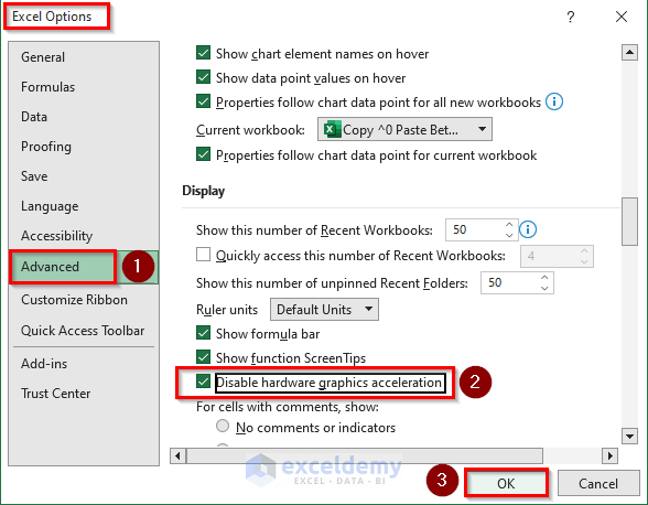 Disable Hardware Graphic Acceleration When Excel Copy and Paste Are Not Working Between Workbooks