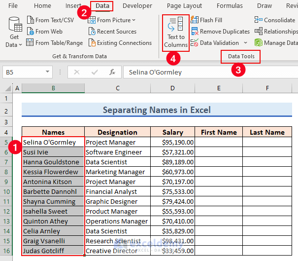 21-Select the Text to Columns feature from the Data Tools group