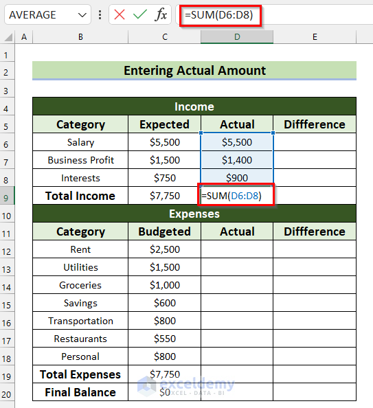 Entering Actual Income to Create a Zero Based Budget in Excel