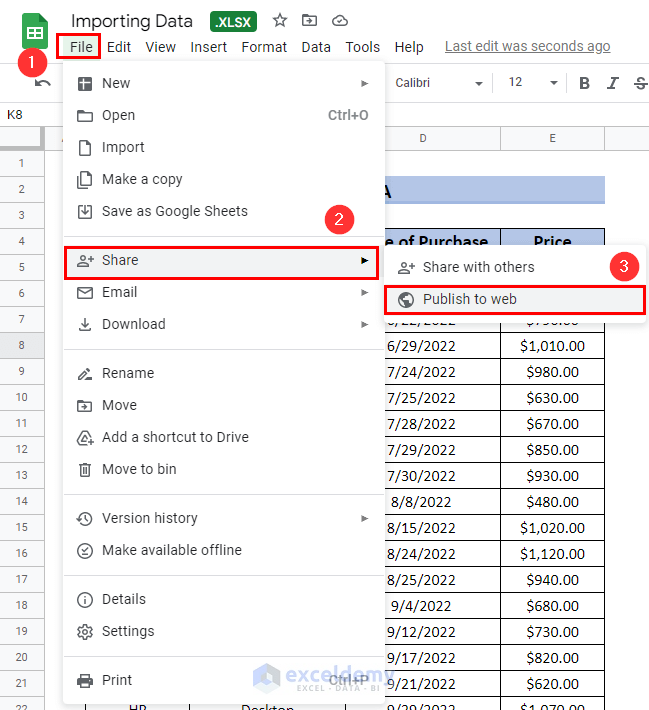 Sharing file to import data from google sheets to Excel