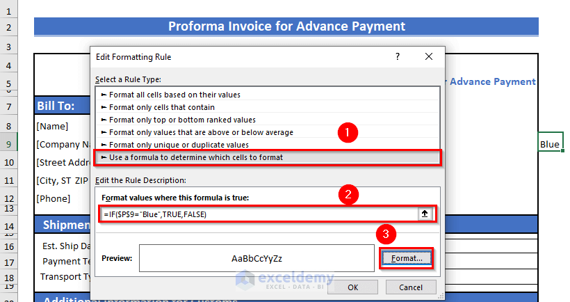 Formula to apply fill color in proforma invoice for advance payment