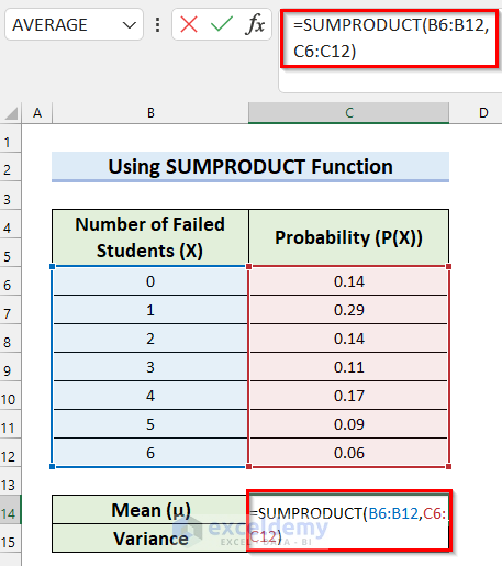 Using SUMPRODUCT Function to Calculate Mean for Variance of Probability Distribution in Excel
