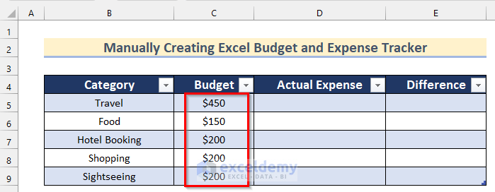 Set Budget to Create Budget and Expense Tracker in Excel