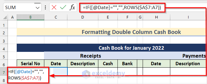 Use IF & ROWS Functions to Update Serial Number to Format Double Column Cash Book in Excel