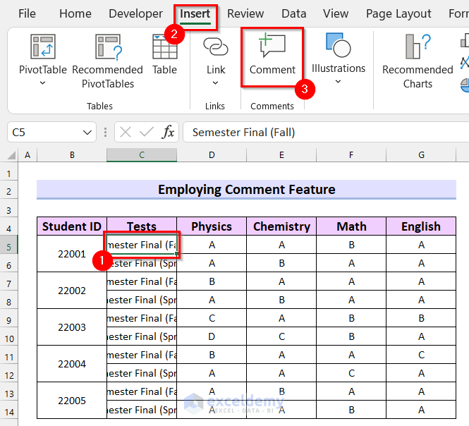 Employing Comment Feature in Excel