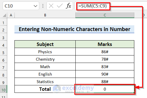 Excel AutoSum Not Working and Returns 0 Because of Non-Numeric Characters in Number