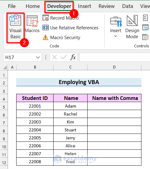 Employ VBA to Add Comma Before Text in Excel
