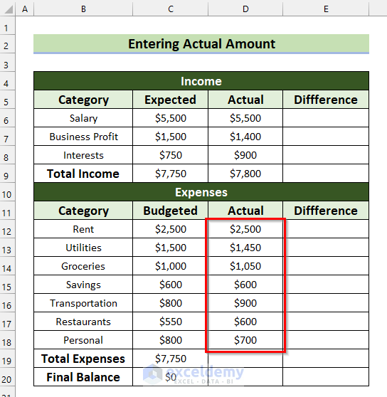 Inserting Actual Expenses to Create Zero Based Budget in Excel