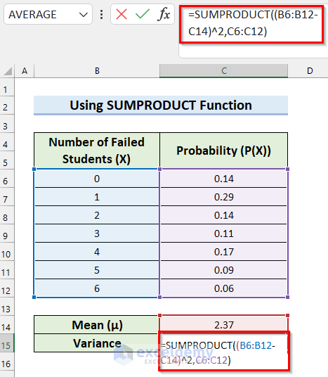 Determine Variance of Probability Distribution Excel using SUMPRODUCT Function