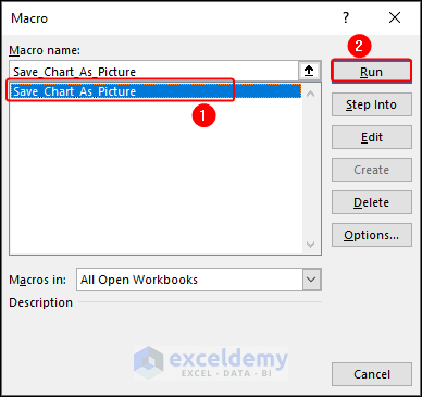 selecting macro to save chart as picture in Excel and run