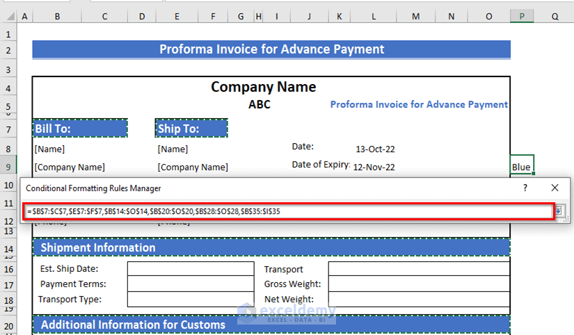 cell ranges to apply fill color in proforma invoice for advance payment