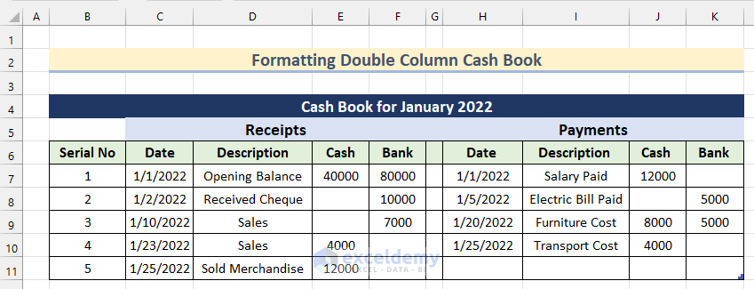 Enter Data into Double Column Cash Book in Excel