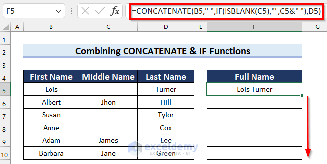 Dragging Fill Handle to Copy Formula with ISBLANK function to Concatenate If Match in Excel