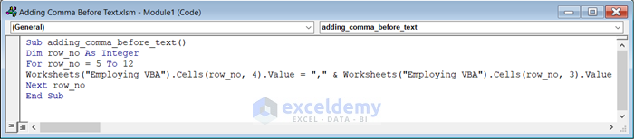 VBA Code to Add Comma Before Text in Excel