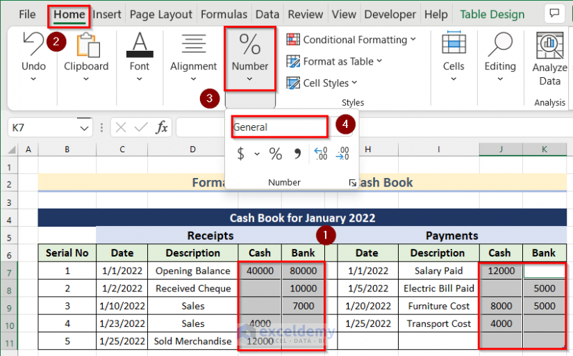 Change Number Format to Format Double Column Cash Book in Excel