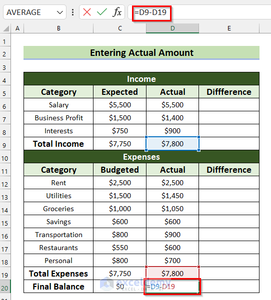 Calculating Final Balance for Actual Amount to Create a Zero Based Budget in Excel