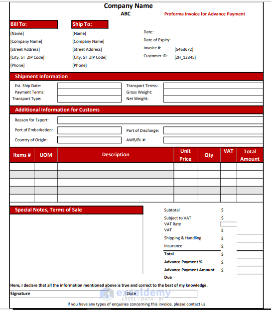 How To Create Proforma Invoice For Advance Payment In Excel