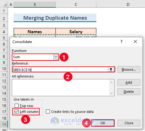 28-Select Sum under the Function dropdown list to sum up the duplicate values