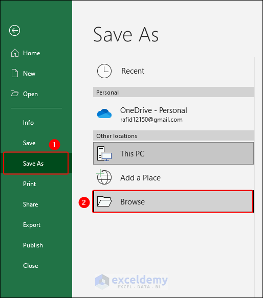 clicking on Browse option to save file in the preferred location and type in Excel