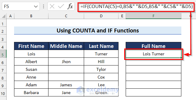 Use of COUNTA Function to Concatenate if Match in Excel