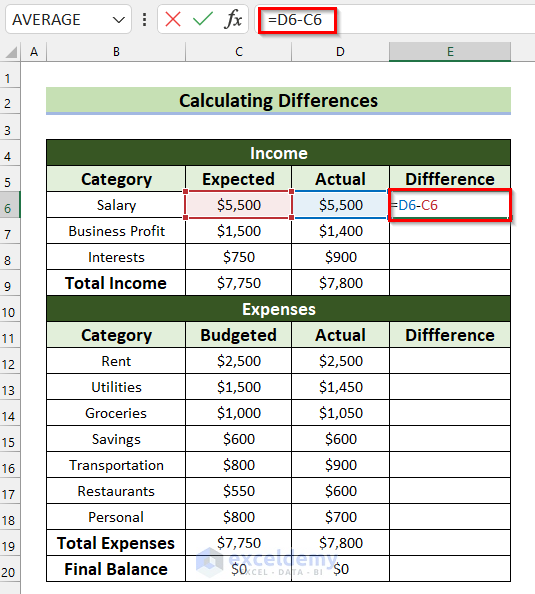 Calculating Differences to Create a Zero Based Budget in Excel