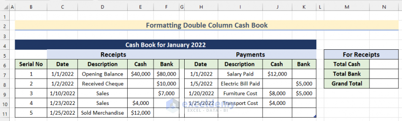 Calculate Total Cash & Bank for Receipts to Format Double Column Cash Book in Excel