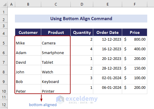 Bottom align cell in Excel