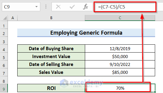 Result of using Generic formula for How to Calculate ROI Percentage in Excel
