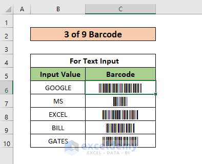 3 of 9 barcode excel text result