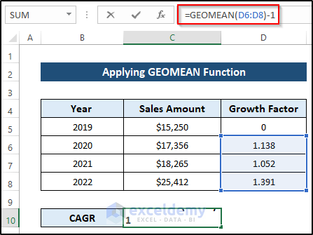 Applying GEOMEAN Function to Calculate 3 Year CAGR with Formula in Excel