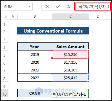 Using Conventional Formula to Calculate 3 Year CAGR with Formula in Excel