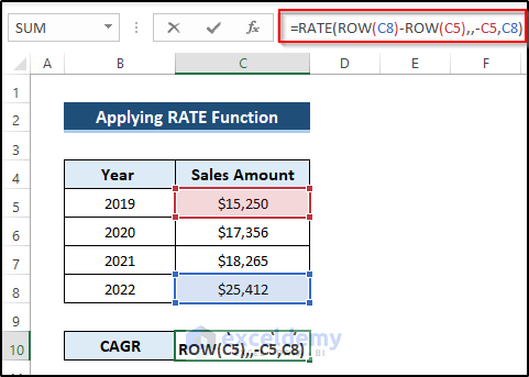 Applying RATE Function to Calculate 3 Year CAGR with Formula in Excel